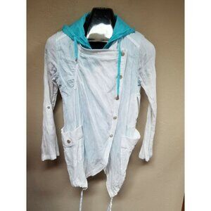 Zowy Asymmetric Asymmetric Button / Zip Front Hoodie Jacket Small Blue White